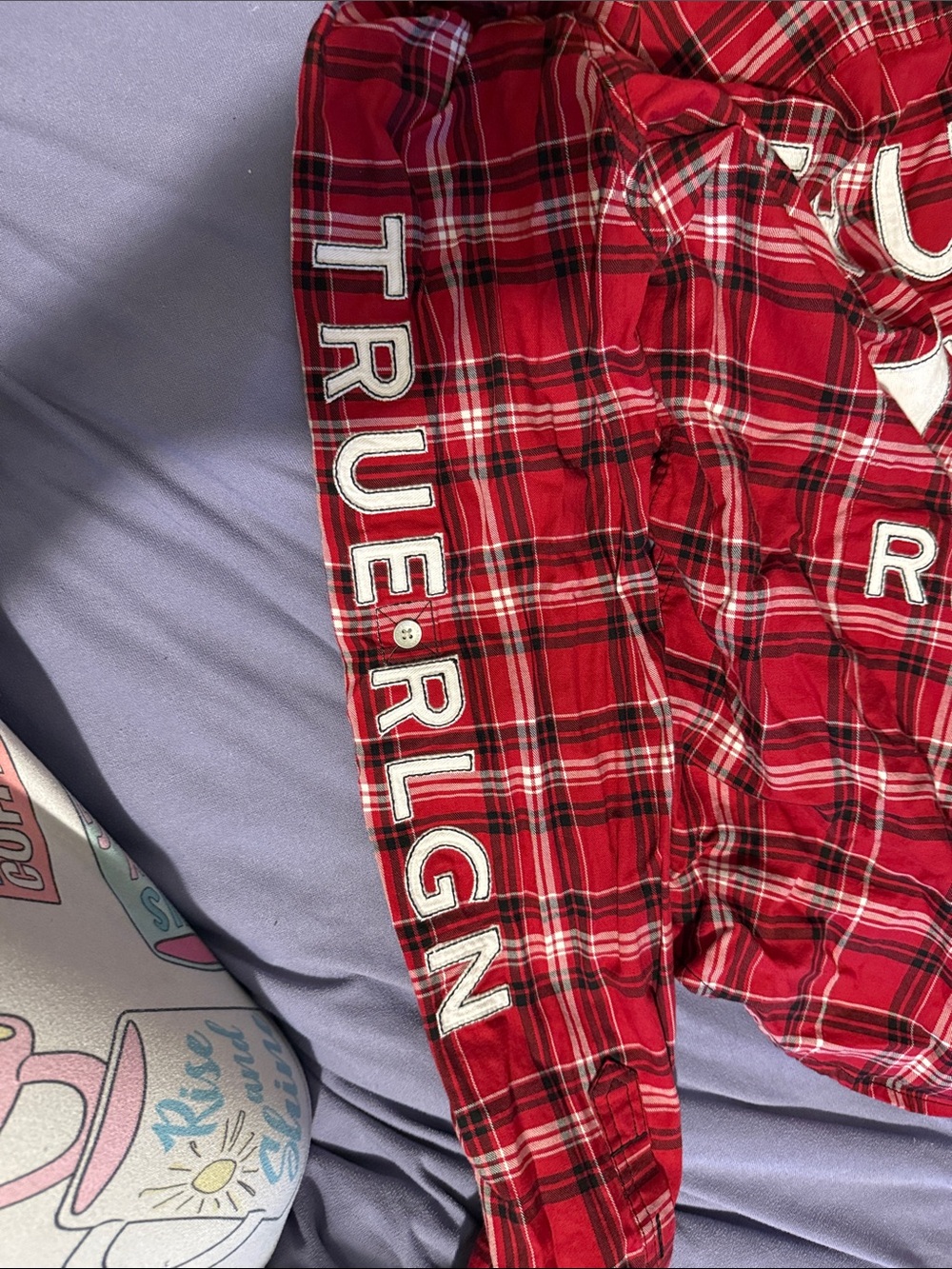 True Religion Womens Red Plaid Flannel Shirt with Bold White Logo - Picture 2 of 6
